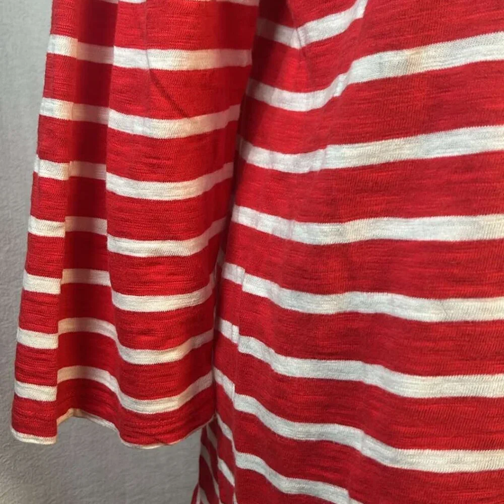 Talbots Cotton Top Red White Striped Square Neck Lattice Detail Sz L 3/4 Sleeves